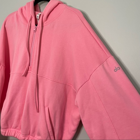 ALO Yoga Stadium Half Zip Hoodie Sweatshirt In Macaron Bright Pink Size L - Picture 4 of 7